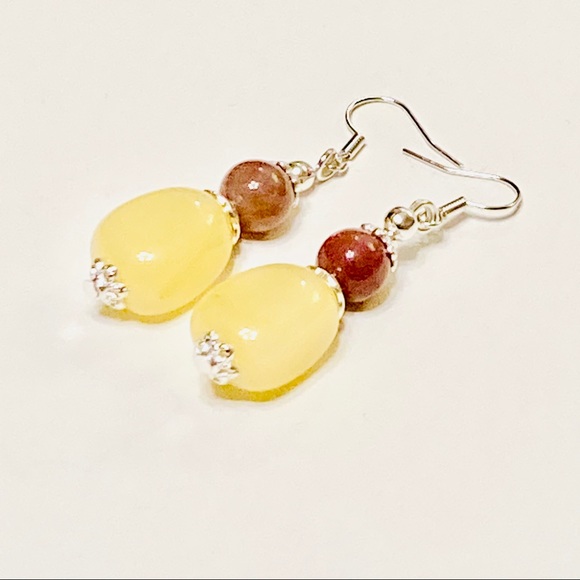 Light Yellow Jadeite & Brown Indian Agate Stone Drop Boho Style Earrings - Picture 7 of 9